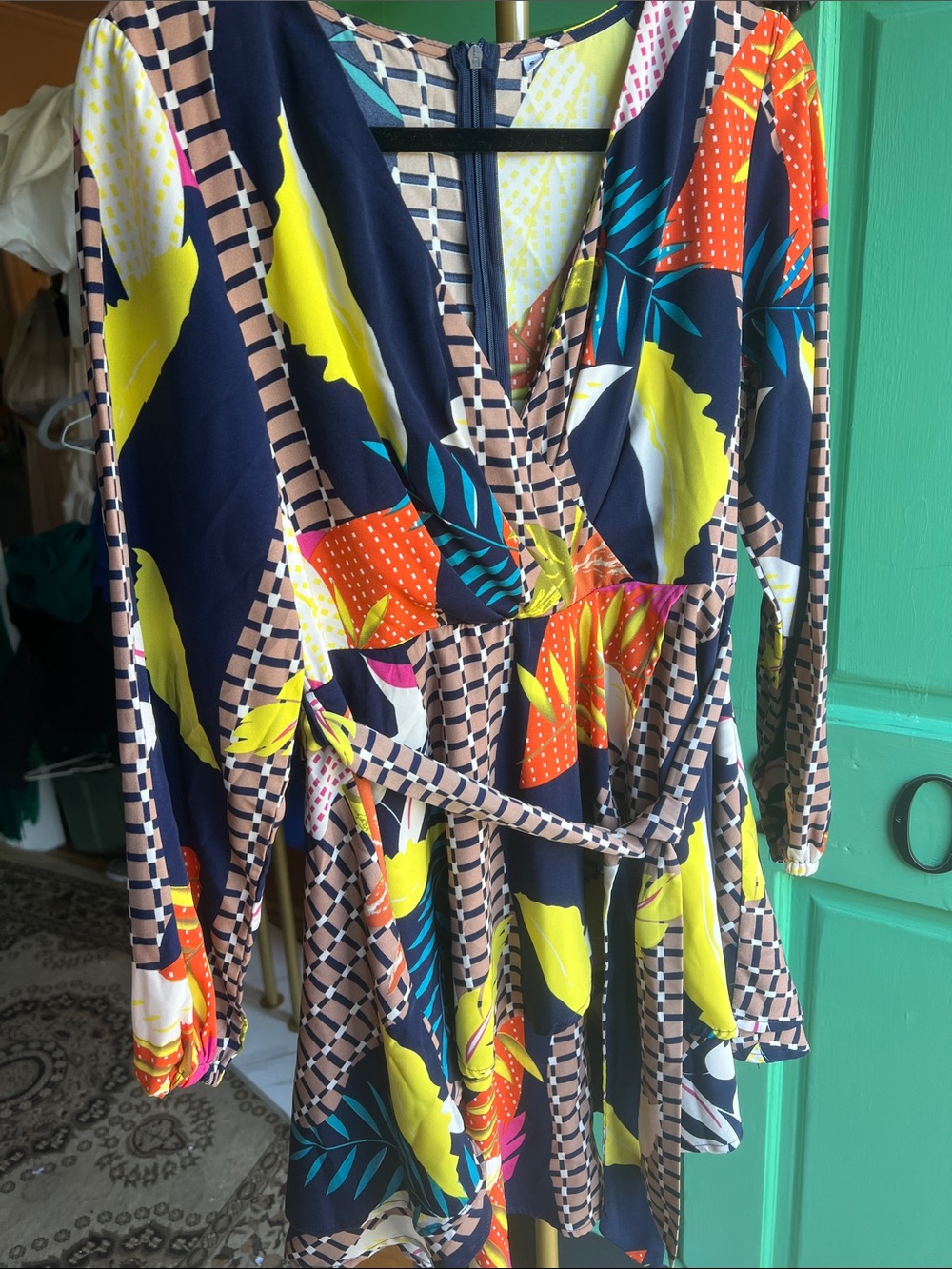 Women’s Navy Floral Wrap Dress with Yellow Accent